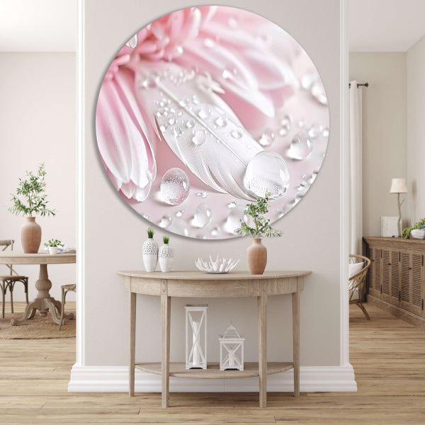 Veer en dauwdruppels met roze bloem aluminium muurcirkel