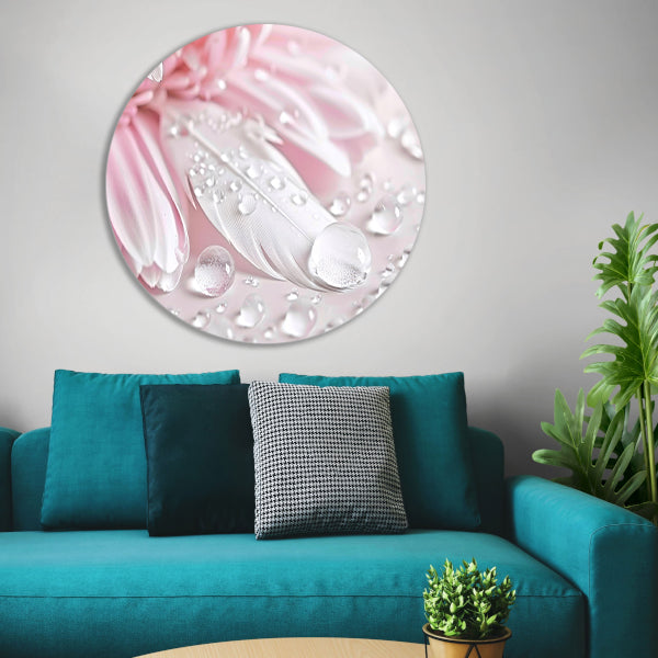 Veer en dauwdruppels met roze bloem aluminium muurcirkel