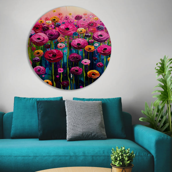 Levendige abstracte bloemenpracht in kleur aluminium muurcirkel