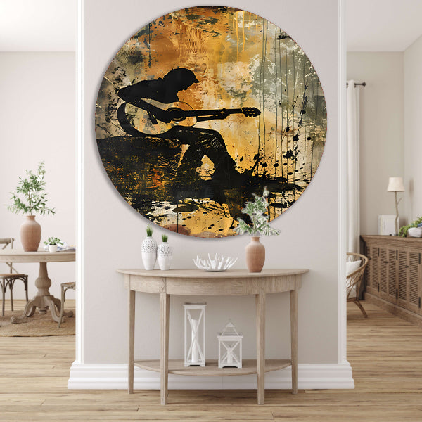 Abstracte silhouet van gitarist in kleur forex muurcirkel