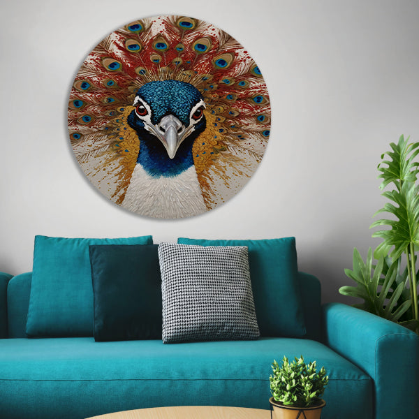 Art Nouveau Peacock with Radiant Feathers aluminium muurcirkel