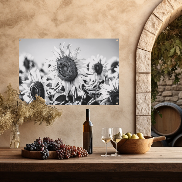 Elegante zwart-wit zonnebloemen, natuur in monochroom tuinposter
