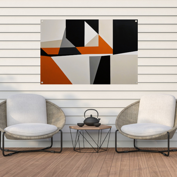 Abstract geometrisch spel van oranje en zwart tuinposter