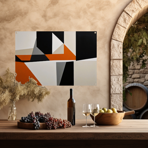 Abstract geometrisch spel van oranje en zwart tuinposter