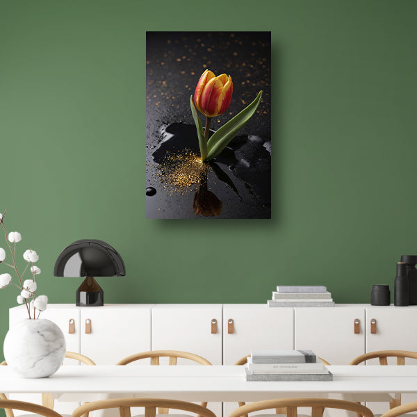 Tulp met Gouden Glitters op Zwarte Ondergrond acrylglas