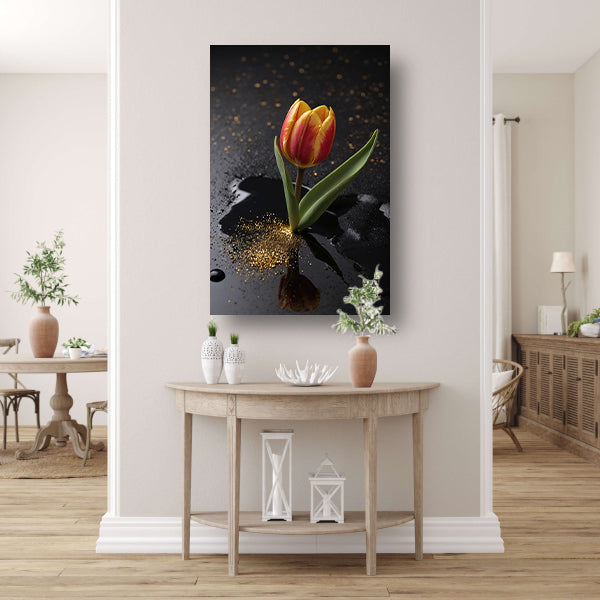 Tulp met Gouden Glitters op Zwarte Ondergrond acrylglas