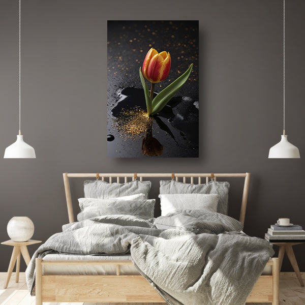 Tulp met Gouden Glitters op Zwarte Ondergrond acrylglas