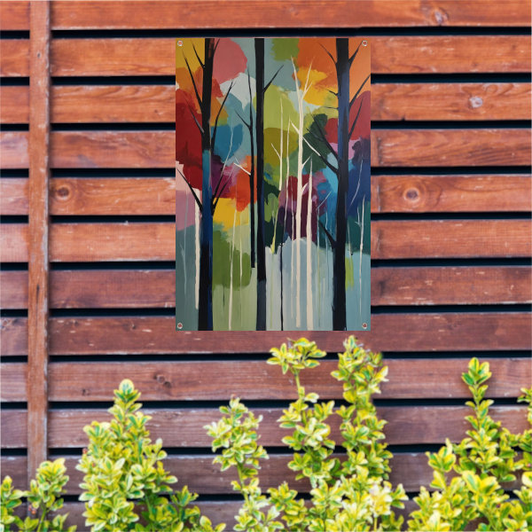 Bosgezicht in Abstracte Kleurenpracht tuinposter