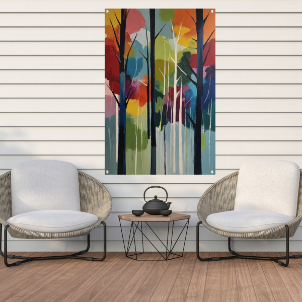 Bosgezicht in Abstracte Kleurenpracht tuinposter