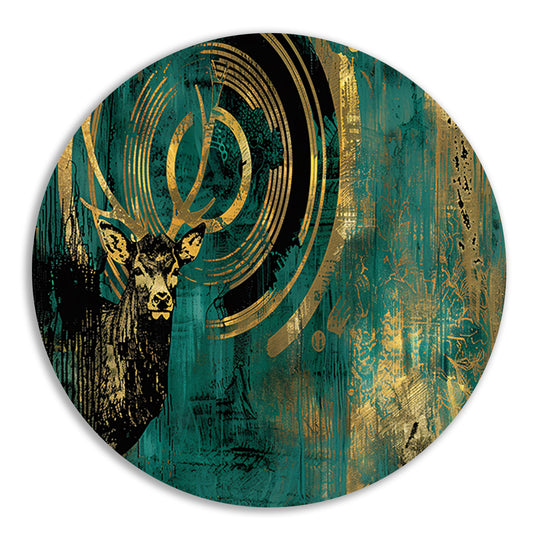 Abstract hertenportret met gouden accenten aluminium muurcirkel