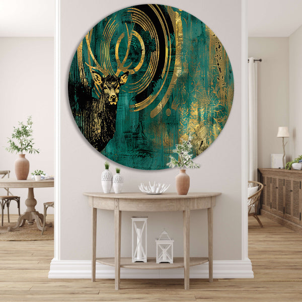 Abstract hertenportret met gouden accenten aluminium muurcirkel