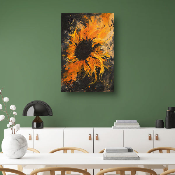 Dynamisch abstract zonnebloem schilderij in oranje canvas