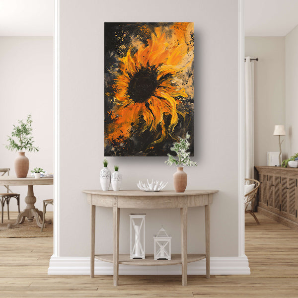 Dynamisch abstract zonnebloem schilderij in oranje canvas