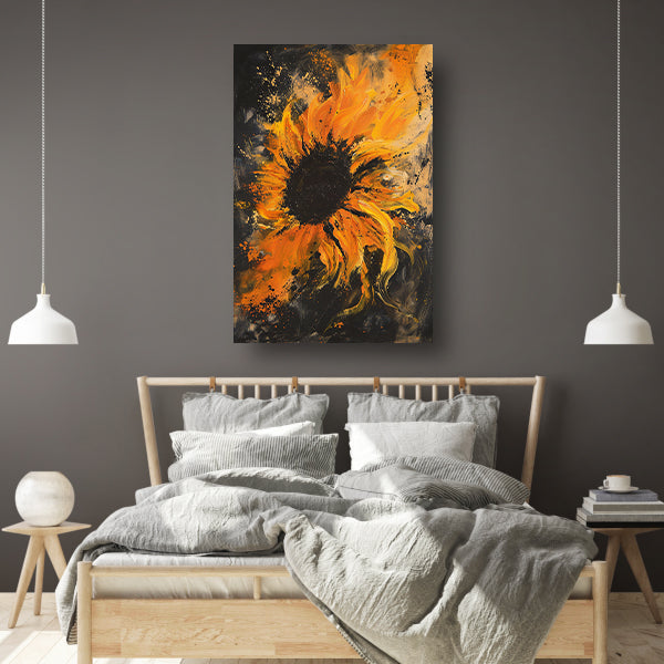 Dynamisch abstract zonnebloem schilderij in oranje canvas