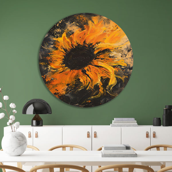 Dynamisch abstract zonnebloem schilderij in oranje aluminium muurcirkel