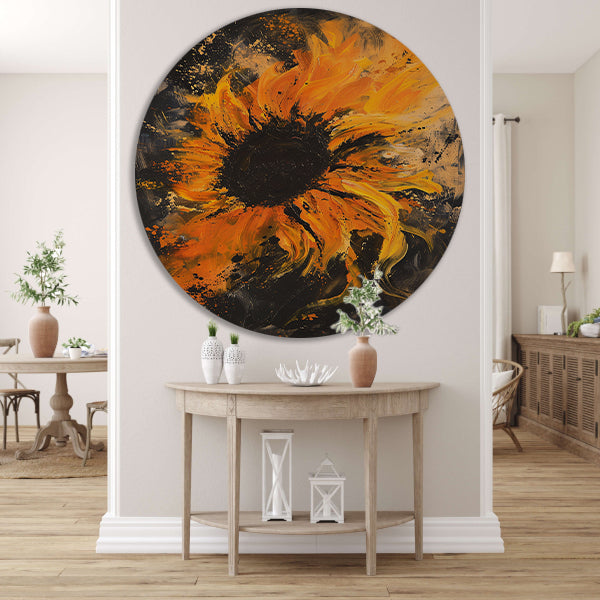Dynamisch abstract zonnebloem schilderij in oranje aluminium muurcirkel