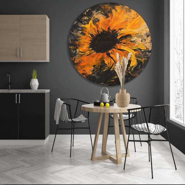 Dynamisch abstract zonnebloem schilderij in oranje aluminium muurcirkel