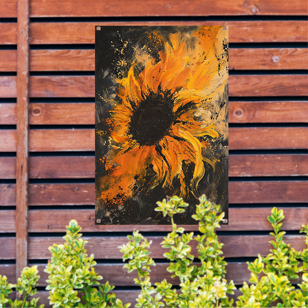 Dynamisch abstract zonnebloem schilderij in oranje tuinposter