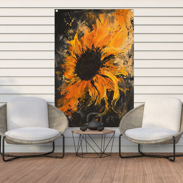 Dynamisch abstract zonnebloem schilderij in oranje tuinposter