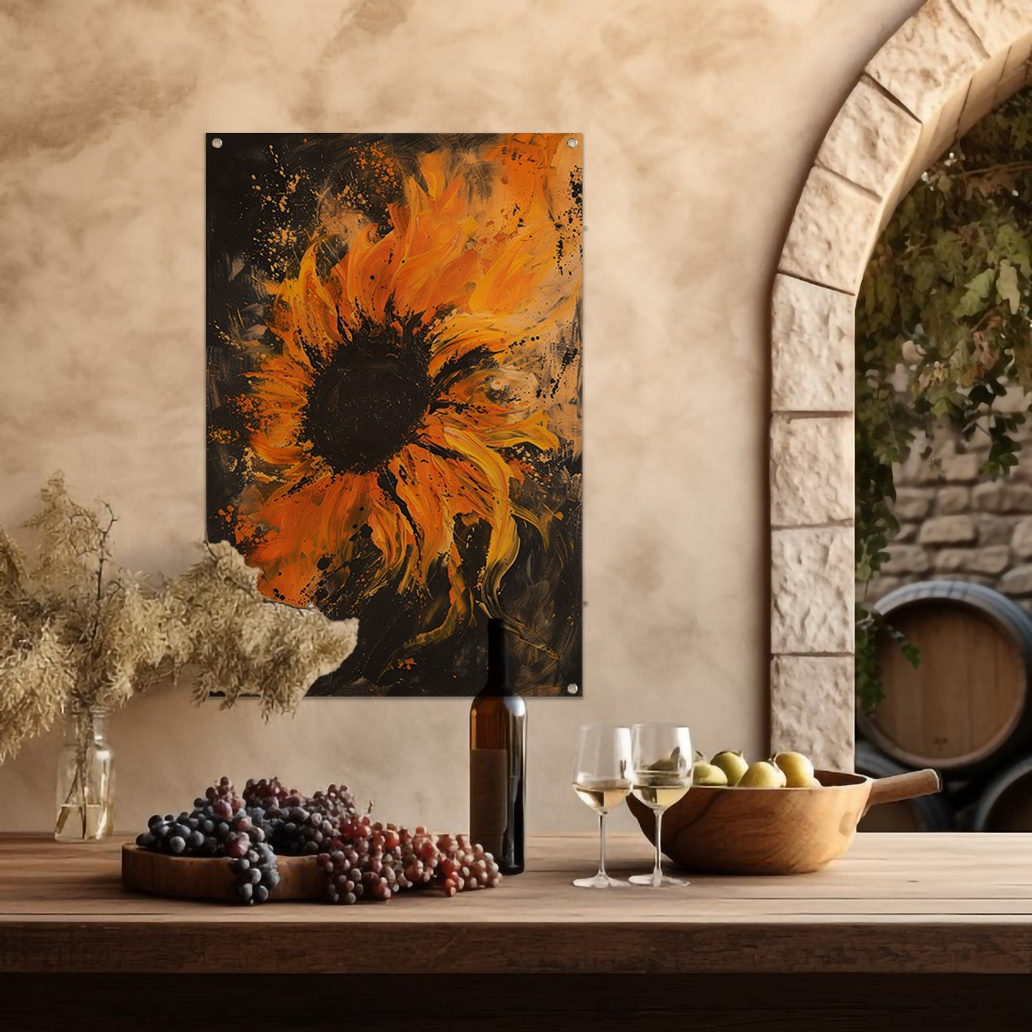 Dynamisch abstract zonnebloem schilderij in oranje tuinposter
