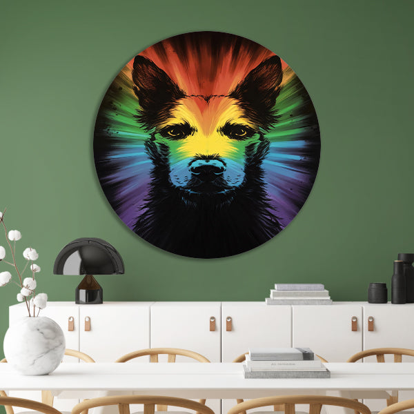 Kleurrijke regenbooghond kunst aluminium muurcirkel