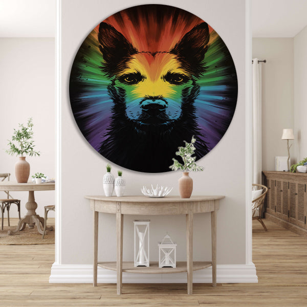 Kleurrijke regenbooghond kunst aluminium muurcirkel