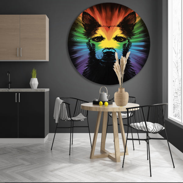 Kleurrijke regenbooghond kunst aluminium muurcirkel