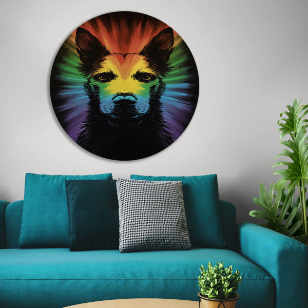 Kleurrijke regenbooghond kunst aluminium muurcirkel