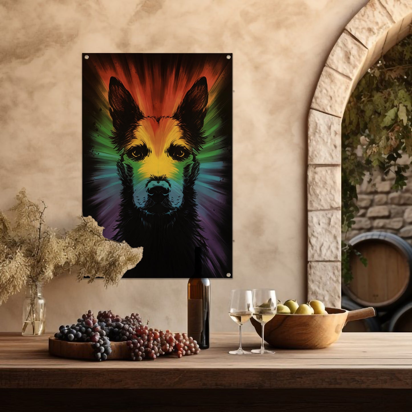 Kleurrijke regenbooghond kunst tuinposter