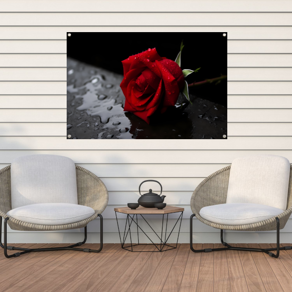 Rode roos met waterdruppels tuinposter