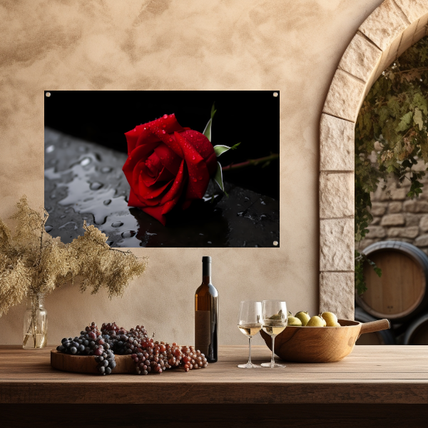 Rode roos met waterdruppels tuinposter