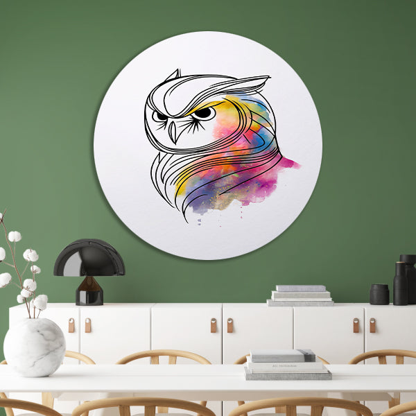 Abstracte Kleurrijke Uil in Lijnkunst aluminium muurcirkel