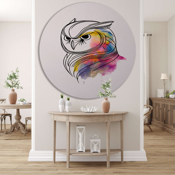 Abstracte Kleurrijke Uil in Lijnkunst aluminium muurcirkel