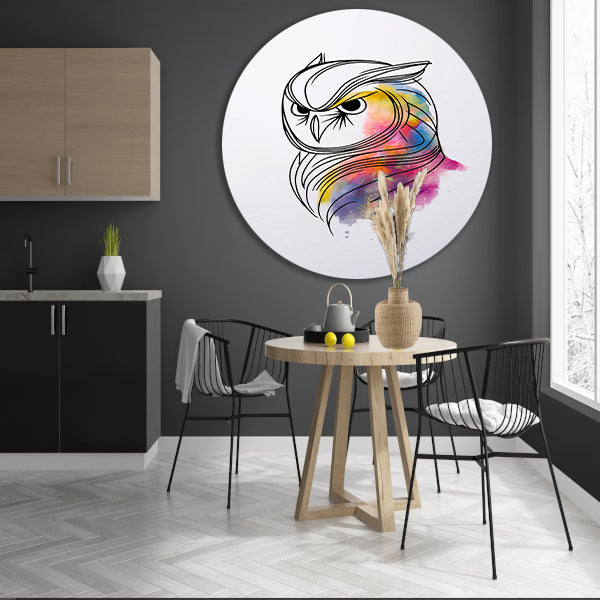Abstracte Kleurrijke Uil in Lijnkunst aluminium muurcirkel