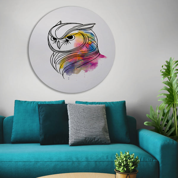 Abstracte Kleurrijke Uil in Lijnkunst aluminium muurcirkel