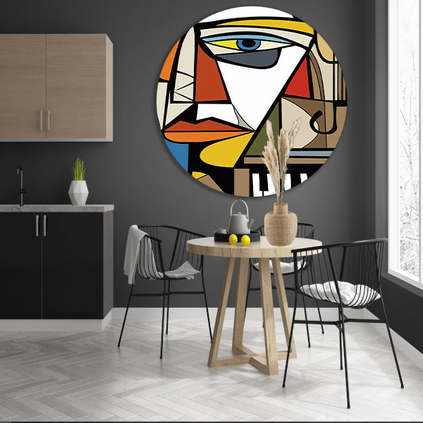 Kubistisch portret van een muzikant aluminium muurcirkel
