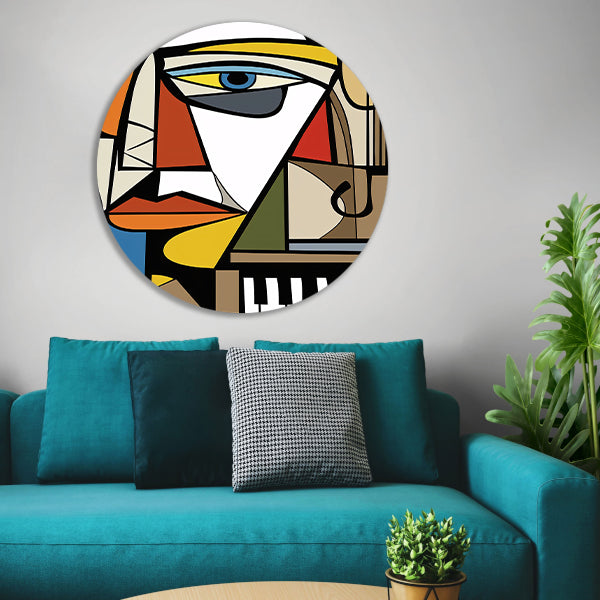 Kubistisch portret van een muzikant aluminium muurcirkel