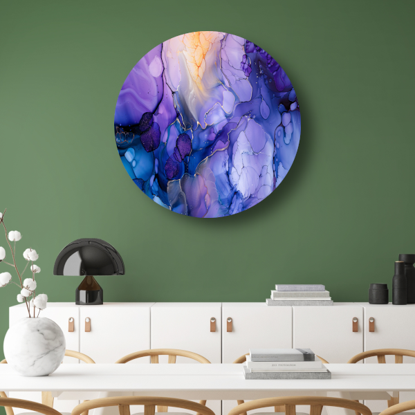 Abstract Expressionisme in Paars en Blauw aluminium muurcirkel