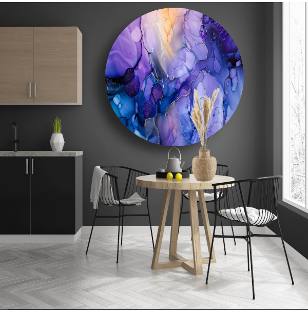 Abstract Expressionisme in Paars en Blauw aluminium muurcirkel