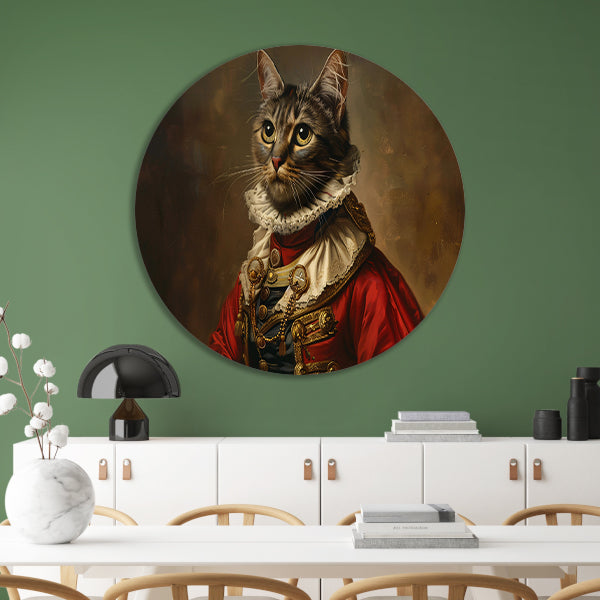 Majestueuze Kat in Koninklijke Kledij aluminium muurcirkel