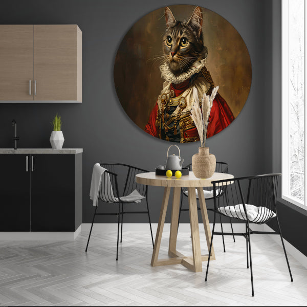 Majestueuze Kat in Koninklijke Kledij aluminium muurcirkel
