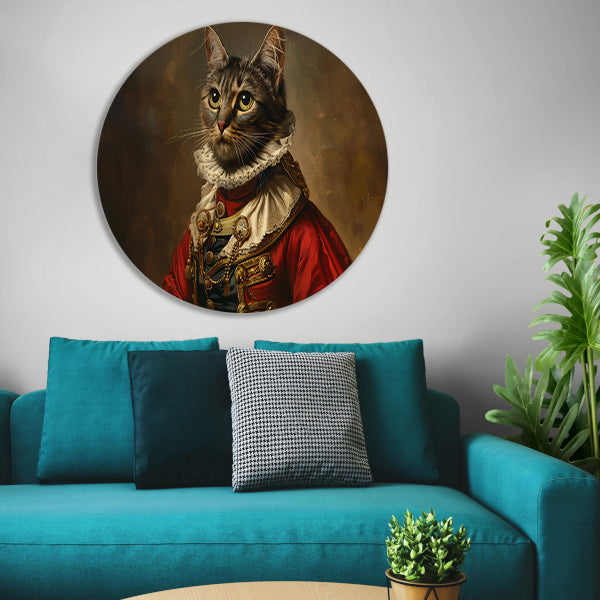 Majestueuze Kat in Koninklijke Kledij aluminium muurcirkel