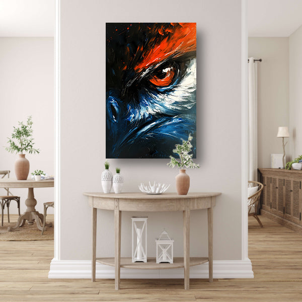 Abstract schilderij van vogel met intens oog poster