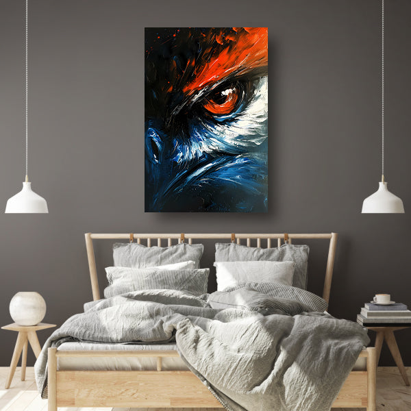 Abstract schilderij van vogel met intens oog poster