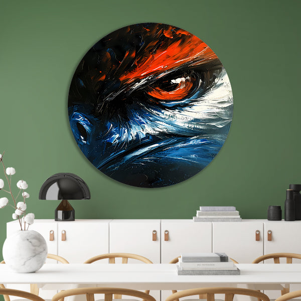 Abstract schilderij van vogel met intens oog aluminium muurcirkel