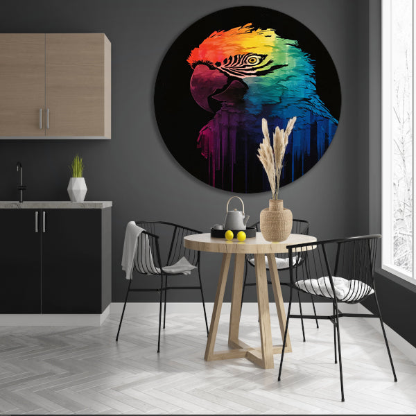 Regenboogkleurige papegaai in abstracte kunst aluminium muurcirkel