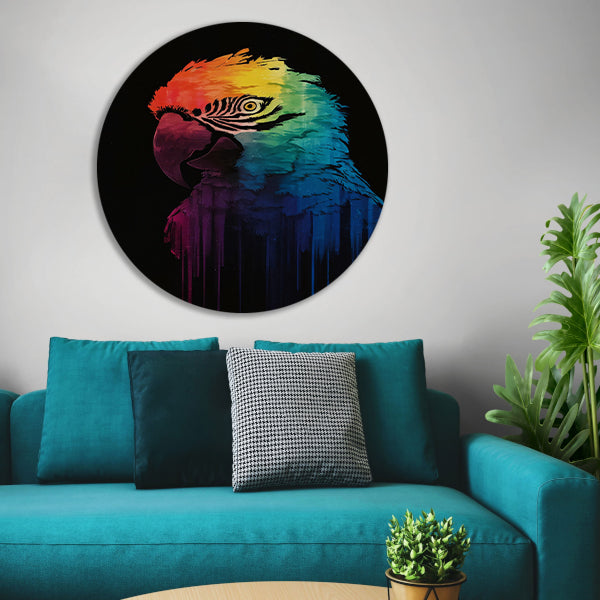 Regenboogkleurige papegaai in abstracte kunst aluminium muurcirkel