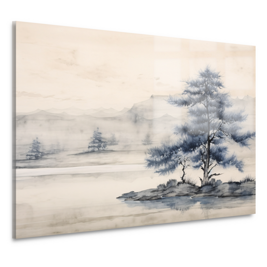 Minimalistische boom in mistig landschap acrylglas