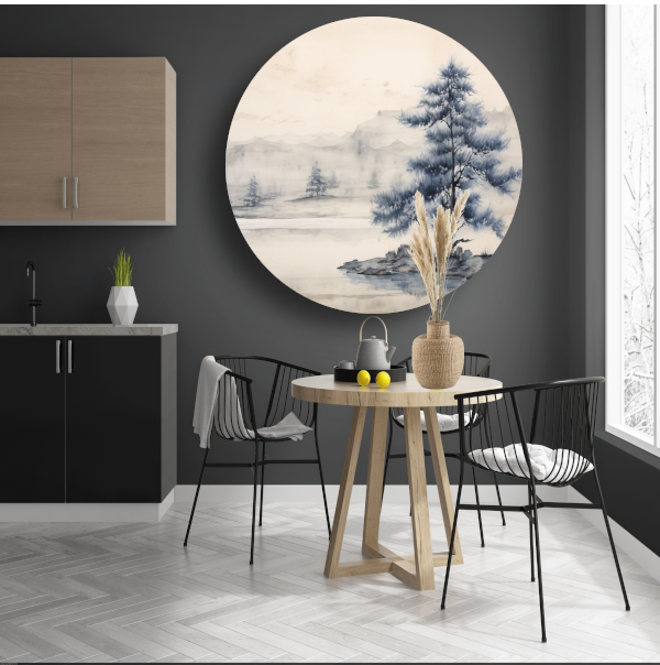 Minimalistische boom in mistig landschap aluminium muurcirkel