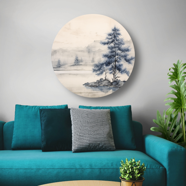 Minimalistische boom in mistig landschap aluminium muurcirkel